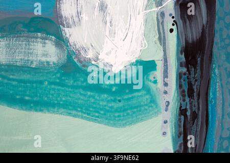 Close up of an abstract acrylic painting where turquoise, mint green, white and black paint layers overlap with visible brush marks and drips. Stock Photo