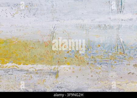 Abstract painted wall texture with layered pale grey yellow and soft blue brush strokes, paint drips and speckles forming a weathered artistic Stock Photo