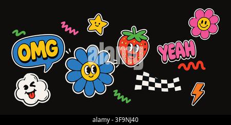 Set of colorful retro groovy stickers featuring flowers strawberry and funny faces isolated on black background Stock Vector