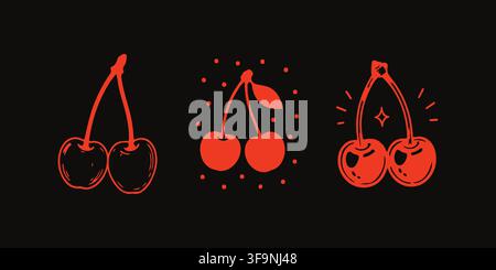 Set of three hand drawn cherry illustrations with red neon style outlines on a black background Stock Vector