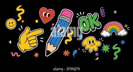 Colorful hand drawn doodle stickers with a cute pencil character and various positive symbols on black background Stock Vector