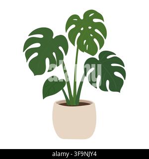 Decorative monstera house plant with large split green leaves in a simple ceramic pot. Flat vector illustration for home decor, botanical design and i Stock Vector