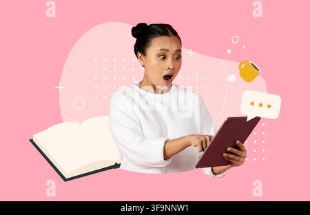 Surprised Asian Woman Using Tablet, Pointing At Screen, Pink Background, Technology Concept Stock Photo
