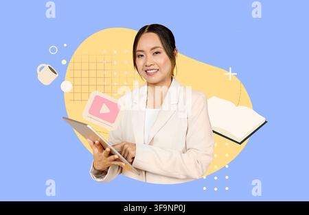Professional Asian Woman Using Tablet In Office, Smiling, Business Concept Stock Photo