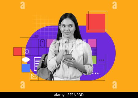 Thoughtful Asian Woman Using Smartphone In Office, Business Concept Stock Photo