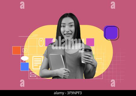 Happy Young Asian Woman Holding Notebook And Coffee Cup In Cafe, Business Concept Stock Photo