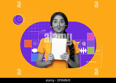 Young Asian Woman Holding Notebook And Pencil, Making Funny Face, Studying At Home, Education Concept Stock Photo