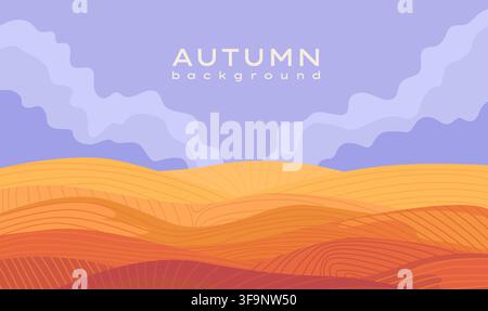 Modern autumn rural landscape with hills and agricultural fields. Beautiful fall panorama view, minimal design with sky,cloud, hills,fields, nature landscape. Agriculture and farming concept. Vector Stock Vector