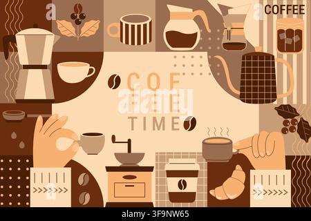 Coffee time geometric banner in brown and beige colors.Hands with hot coffee,beans,croissant,coffee to go.Template of americano, latte, ice coffee, coffeetools. Design for web,web,print, poster.Vector Stock Vector
