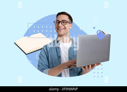 Happy Young Caucasian Male Student Working On Laptop In Office, Education Concept Stock Photo