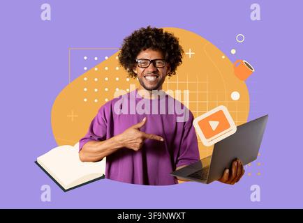 Smiling Black Male Educator Showing Laptop And Pointing At Screen, Online Learning Concept Stock Photo