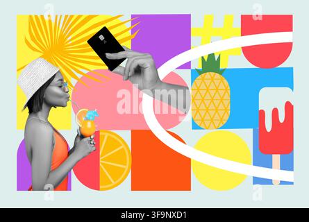Young Woman Enjoying Tropical Drink While Taking Photo, Summer Vibes Concept Stock Photo