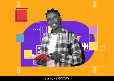 Smiling Young Black Man Holding Book With Backpack At Study Area, Education Concept Stock Photo