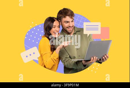 Happy Couple Looking At Laptop Together, Smiling, Home Office Business Concept Stock Photo