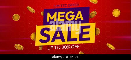 Mega sale banner with golden coins and red background for your promotional design. Vector illustration. Stock Vector