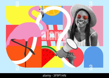 Smiling Black Woman Wearing Sunglasses And Straw Hat Enjoying Summer, Colorful Background Stock Photo