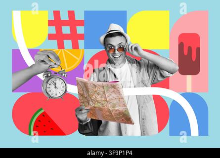 Happy Young Caucasian Man Exploring With Map And Alarm Clock, Summer Trip Concept Stock Photo