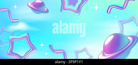 Y2K gradient Background with Holographic 3D Planet Stars Spirals and Wireframe Grid Stock Vector