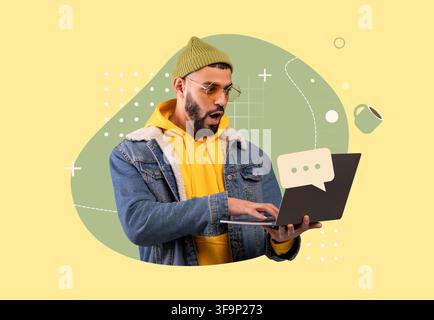 Surprised Man Working On Laptop At Home With Yellow Background, Business Concept Stock Photo