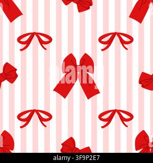 Red Bow Pattern on Pink and White Stripes Stock Vector