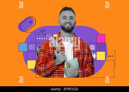 Smiling Young Caucasian Man Holding Books And Backpack, Orange Background, Education Concept Stock Photo