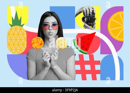 Happy Woman Holding Lollipops Making Playful Face, Colorful Background Stock Photo