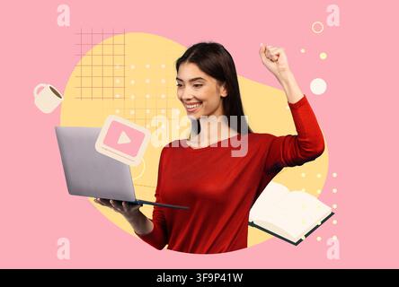 Smiling Young Woman Celebrating Success With Laptop At Home, Business Concept Stock Photo