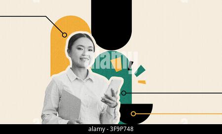 Smiling Asian Woman Using Smartphone And Tablet In Office, Business Concept Stock Photo