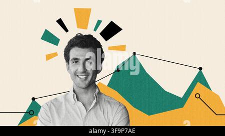 Smiling Young Man Dressed Business Casual, Standing In Office With Graphs And Charts, Business Concept Stock Photo