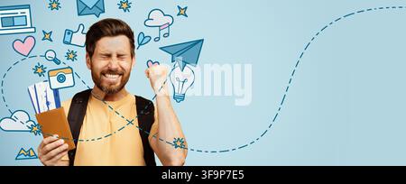 Happy Young Caucasian Man Celebrating Success With Documents And Backpack, Business Concept Stock Photo