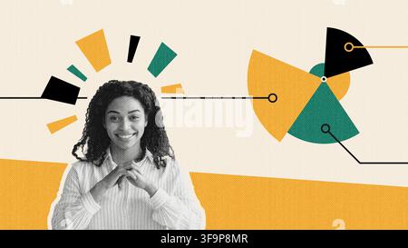 Smiling Black Woman With Curly Hair Sitting Confidently In Modern Office, Business Concept Stock Photo