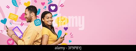 Happy Young Multiracial Couple Using Smartphones Together, Social Media Concept Stock Photo