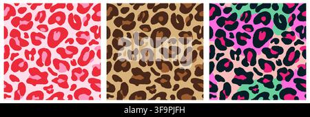 Vector leopard seamless pattern set with colorful animal textures. Natural, neon and red pink colors. Safari cheetah fur background. Fashion textile p Stock Vector