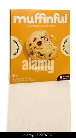 Winneconne, WI - 23 June 2026: A package of muffinful chocolate chip mini muffins on an isolated background. Stock Photo