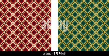 Red and green Christmas ogee patterns. Winter wrapping paper or fabric design. Elegant geometric print. Traditional Arabic motif. Cozy abstract minimalistic ornament. Vector flat illustration. Stock Vector