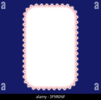 Pink eyelet lace rounded rectangle border frame with scalloped ornamental dotted trim edge on navy background. vector illustration for wedding invitation label tag card stationery scrapbooking craft. Stock Vector