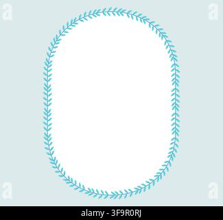 Teal laurel vine border forms a vertical oval frame on pale blue as minimal botanical wedding ornament isolated for invitation labels, menus or clean stationery layout design projects. Stock Vector
