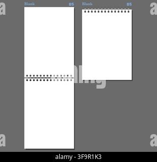 Twopiece notebook sheets shows silver side coils, white blank paper surface, neat perimeter, soft shadow, grey backdrop. For printable stationery, education, office writing, notes, planning Stock Vector