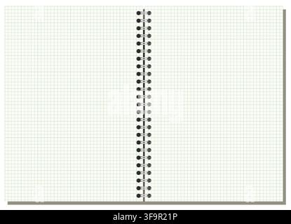 Pale Green engineering grid notebook page shows fine squared ruling, side wire binding, and wide landscape format on white background. Suitable for schoolwork, planning, stationery layouts, notes and Stock Vector