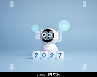 Friendly cute robot stands behind 2027 number blocks with glowing speech bubbles on a blue background. AI chatbots, virtual assistance, customer suppo Stock Photo