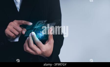 Business professional using transparent AI interface on futuristic smartphone, showcasing generative AI, assistant, smart workspace, digital productiv Stock Photo