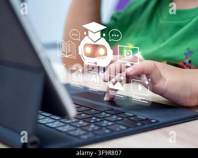 Child learning online with an AI tutor on digital tablet, using an AI assistant for personalized learning, coding skills, STEM education, interactive Stock Photo