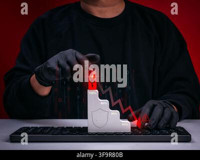 Cybersecurity concept with hacker exploiting security vulnerability with declining protection level. Data breach, ransomware, zero trust, threat detec Stock Photo