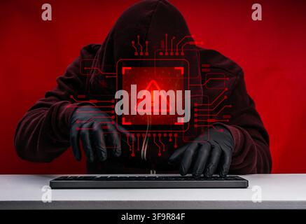 Cybersecurity concept featuring an AI-powered hacker using artificial intelligence for cyber attacks, phishing, ransomware, fraud, identity theft, mal Stock Photo