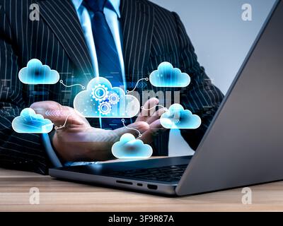 Multi cloud architecture concept for enterprise IT featuring hybrid infrastructure, scalable computing, digital transformation, automated deployment, Stock Photo