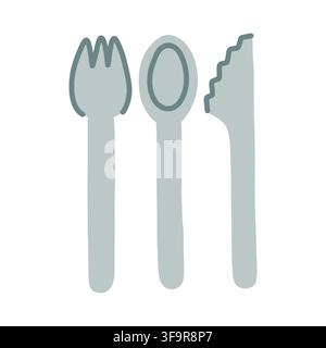 Vector illustration of fork, spoon, and knife cutlery set in a hand-drawn doodle style for picnic, kitchen, food blog, and dining design Stock Vector