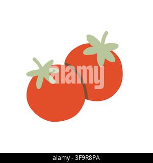 Pair of fresh red tomatoes vector illustration with green stems. Ripe vegetables isolated on white background for summer barbecue salad, menu, and Stock Vector