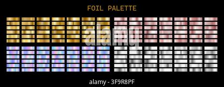 Gold Foil Palette. Copper Foil and iridescent swatch degrade. Set of shiny Gold, polished silver, rose gold and holographic backgrounds. Vector Stock Vector