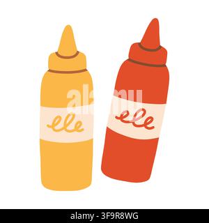 Mustard and ketchup squeeze bottles vector illustration. Condiment condiment set isolated on white background for barbecue menu, summer picnic, and Stock Vector