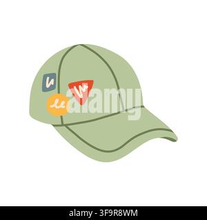 Green baseball cap with colorful patches vector illustration. Trendy summer outdoor hat isolated on white background Stock Vector